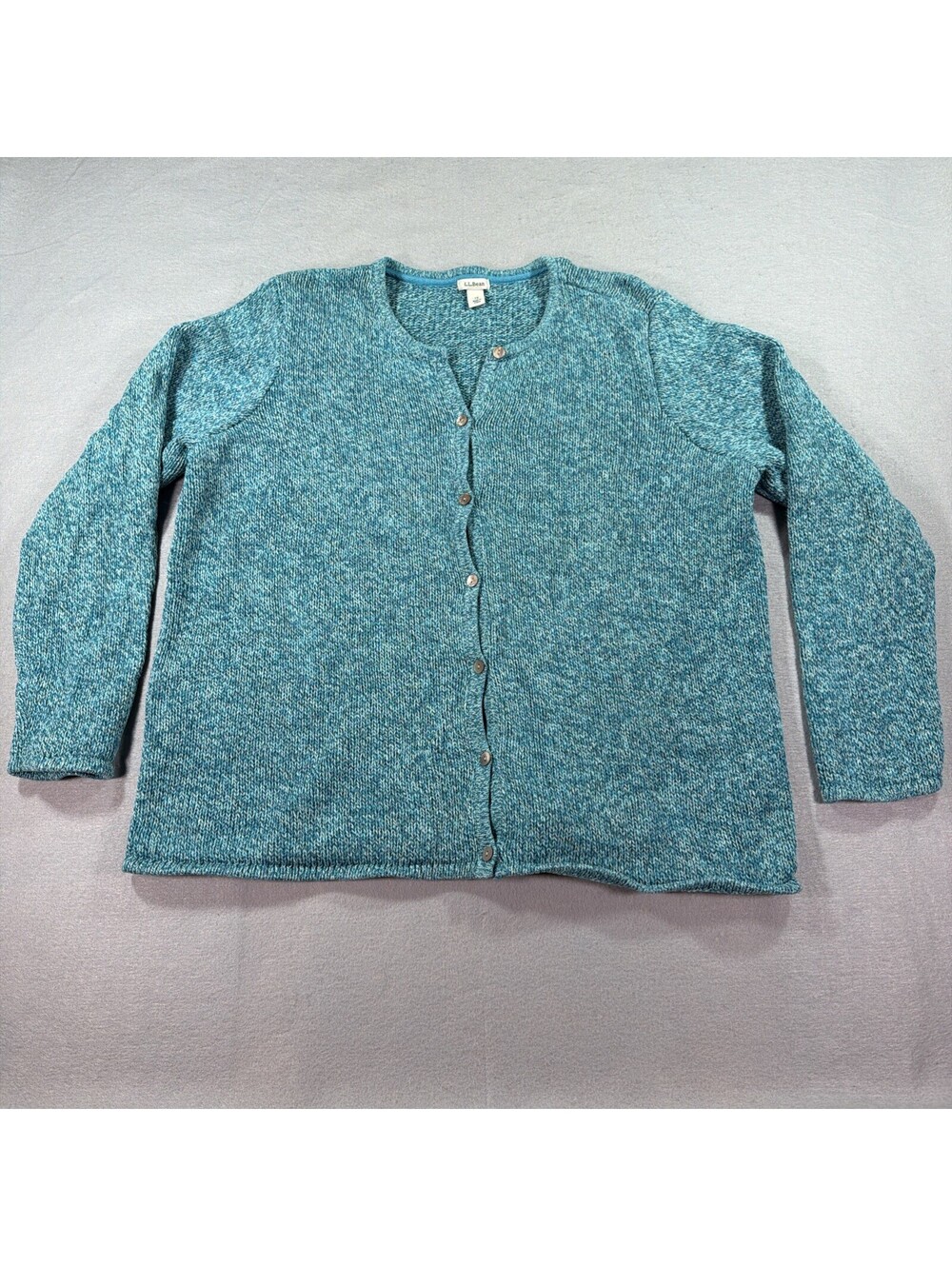 L.L. Bean Women's 1X Teal Blue Marled Knit Button-Front Cardigan Sweater 0196